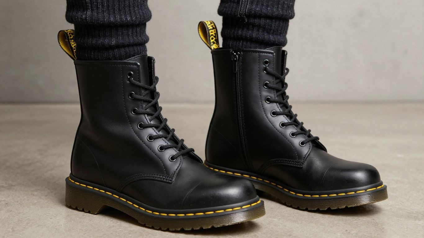 Doc Martens boots with dark socks pulled up.