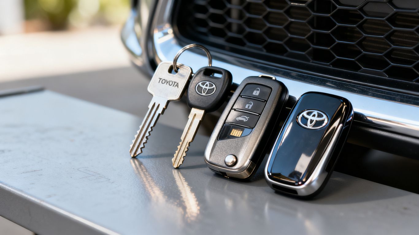 Toyota key types beside a modern vehicle