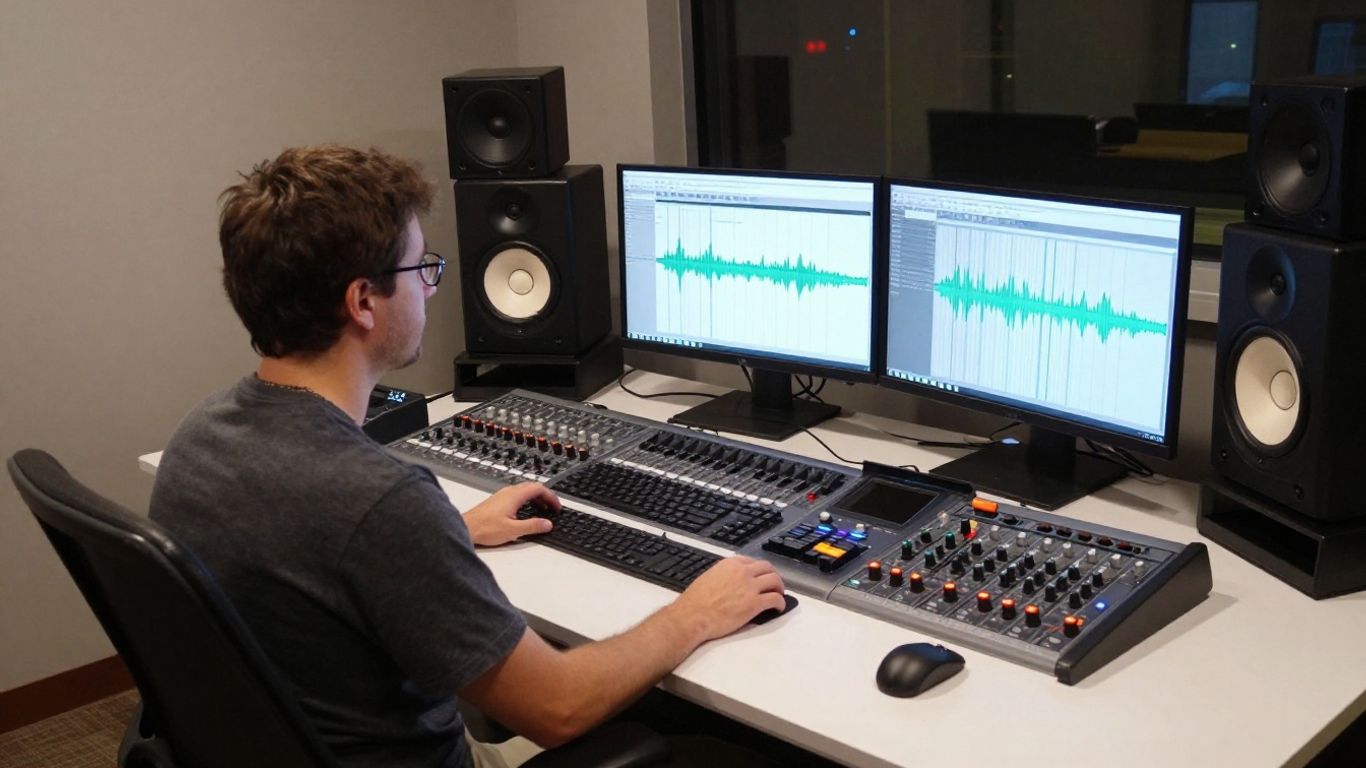 Studio engineer managing recording software and equipment
