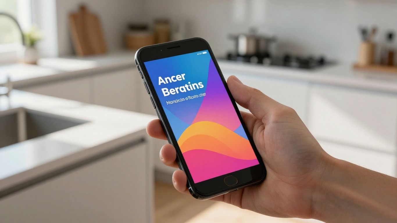 Smartphone showing countertop ad in a modern kitchen.