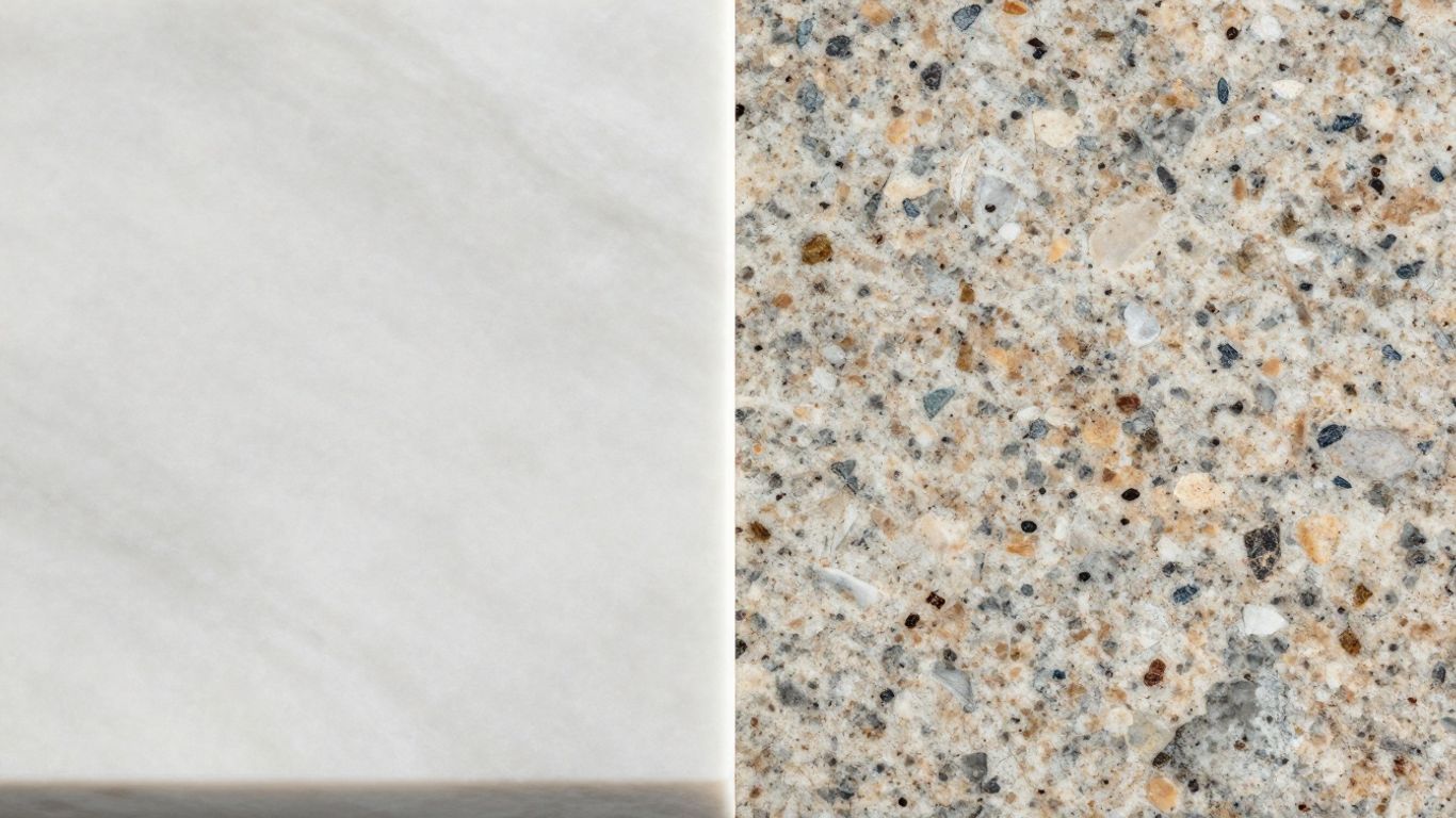 Quartz and granite countertop textures side-by-side.