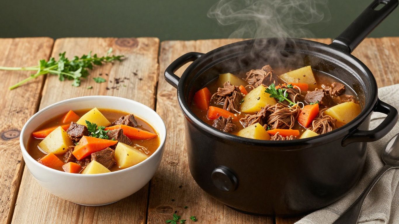 Slow cooker meals with stew and pulled pork.