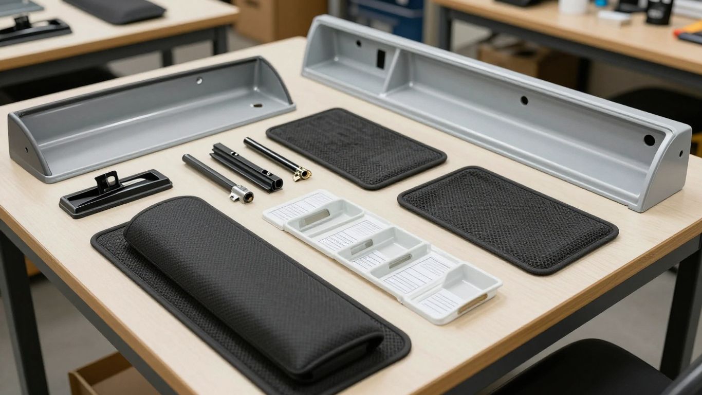 Car interior replacement parts arranged neatly
