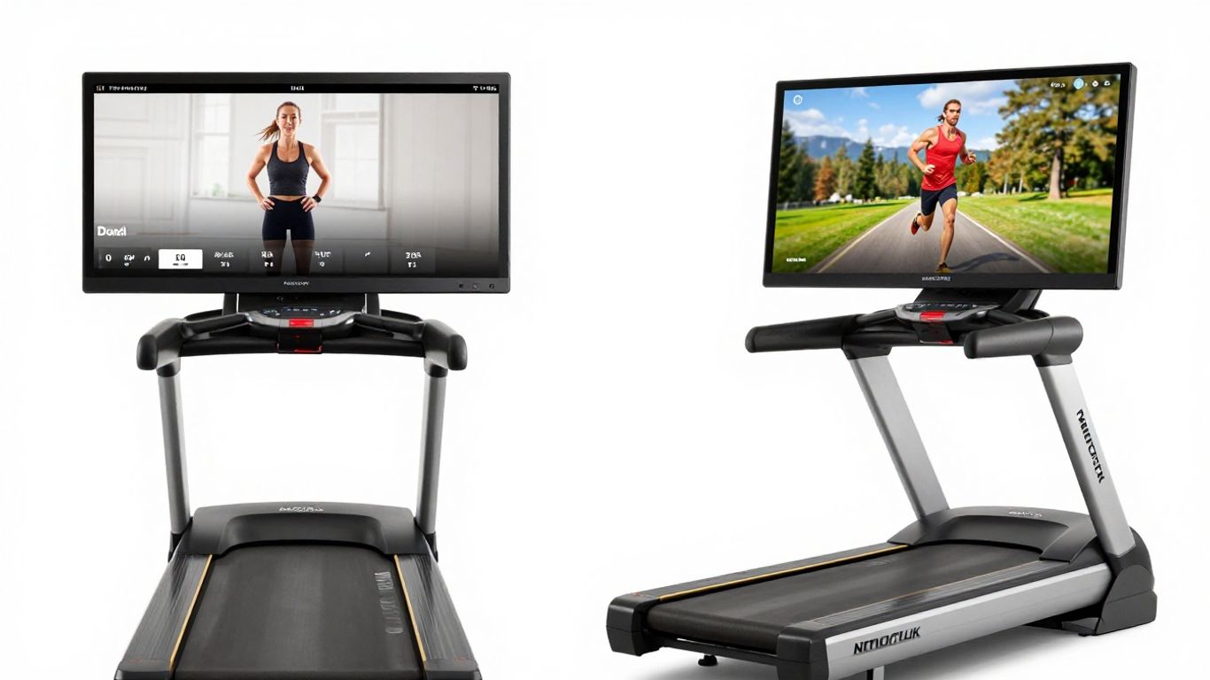 Peloton and NordicTrack treadmills with interactive screens
