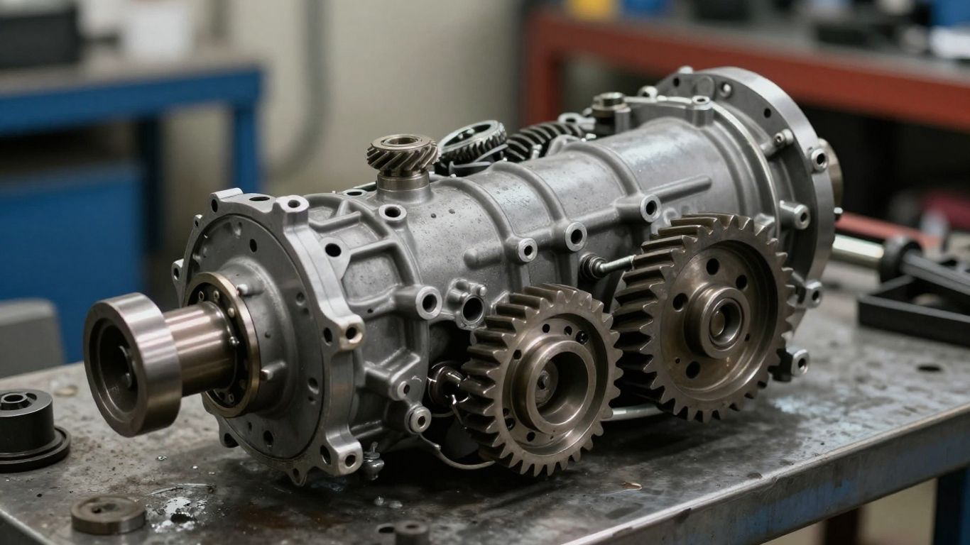 Used Kia transmission on a workbench