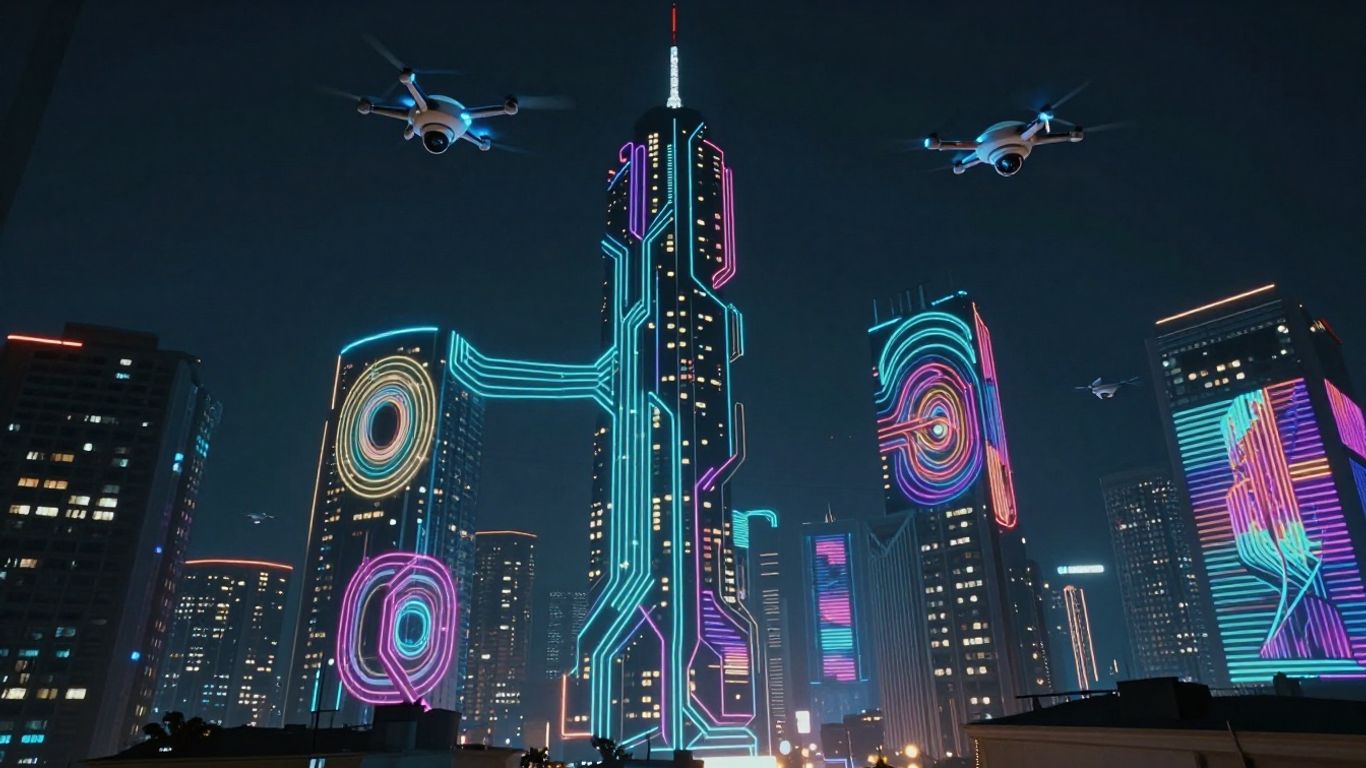 Futuristic cityscape with AI-generated art and drones.