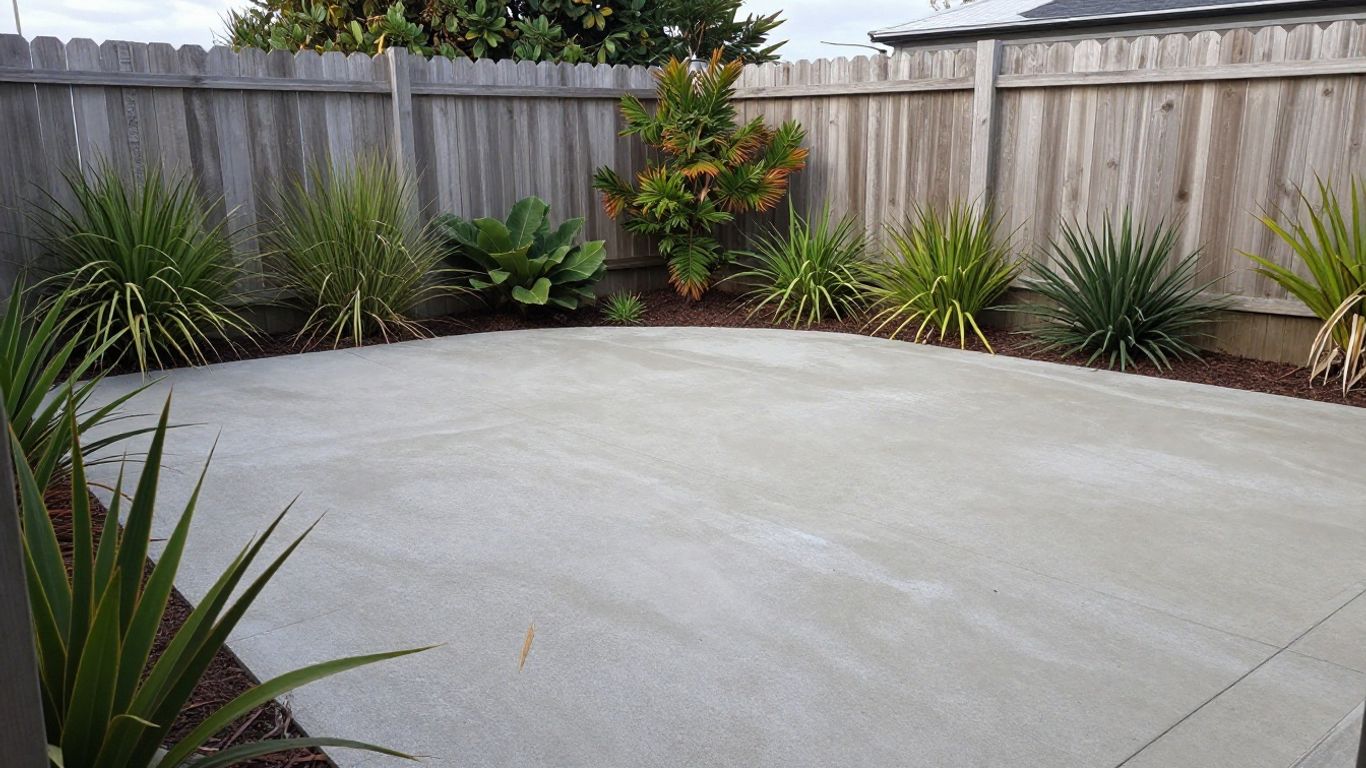 Sealed concrete patio beside coastal garden