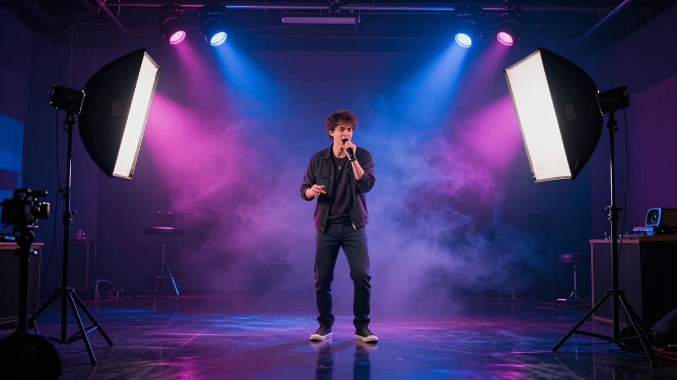 Singer performing in a cinematic AI music video