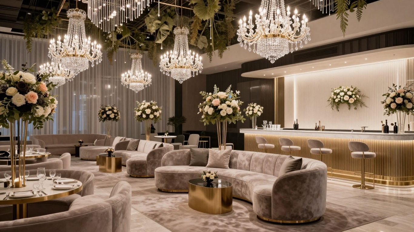 Chic event decor in a Dallas venue with velvet seating and chandeliers.