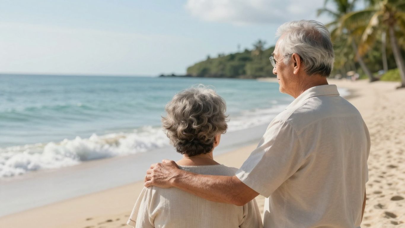 Una pareja disfrutando de su tranquila jubilación en una playa soleada.
