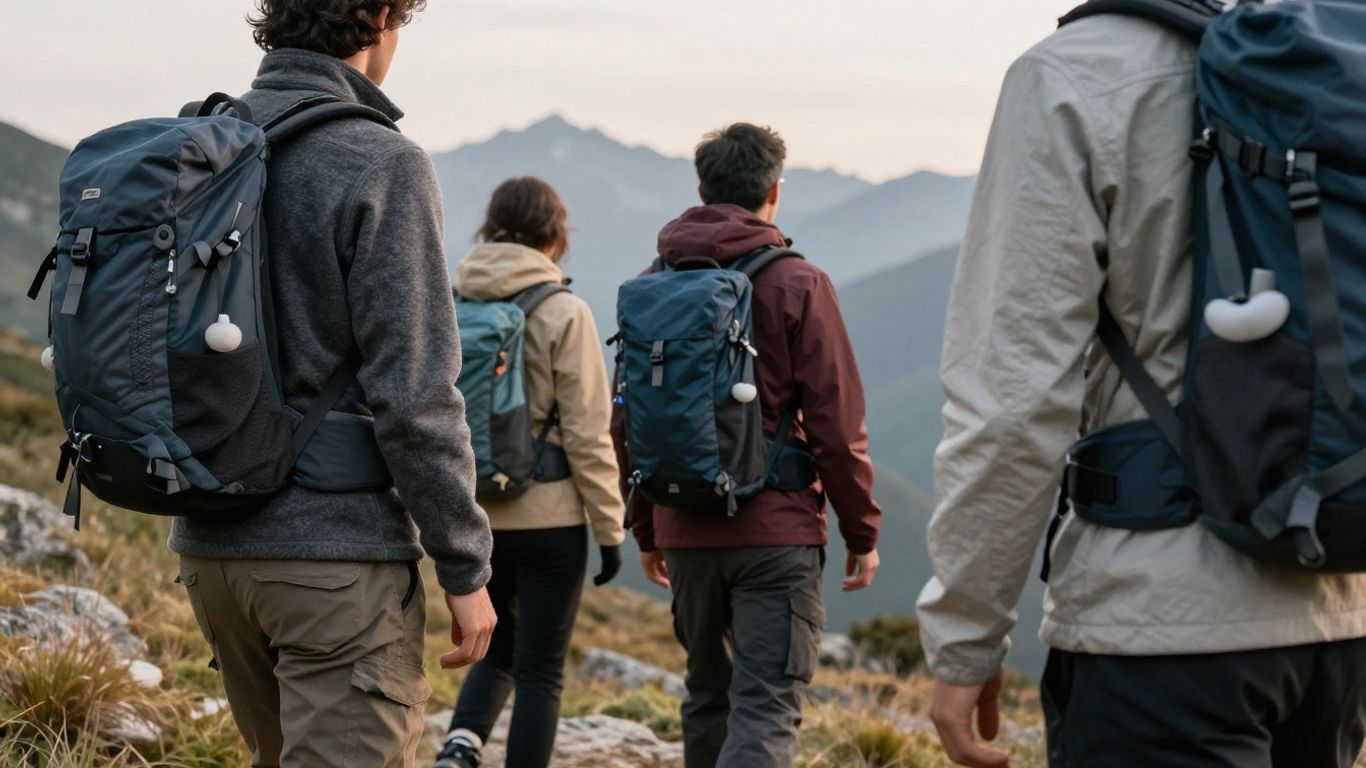 Gruppe Wanderer in Merinowolle in den Bergen bei Sonnenaufgang