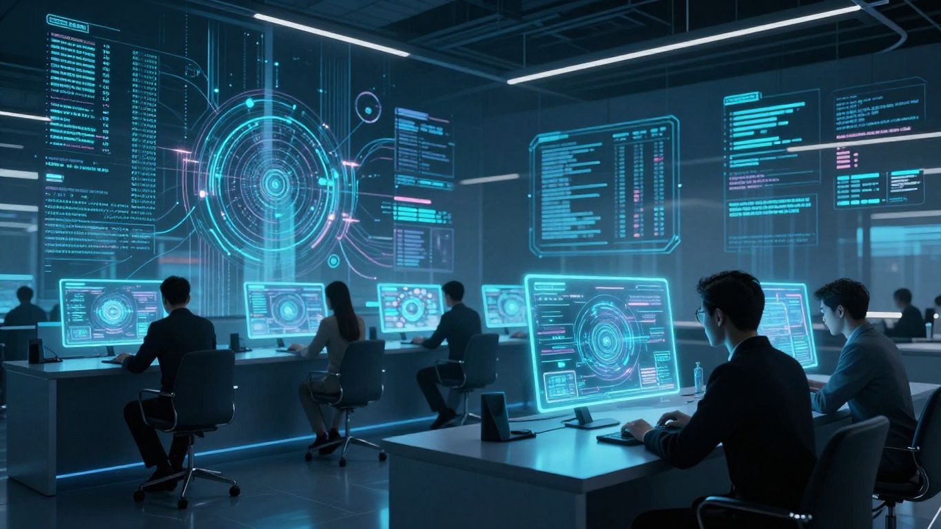 Futuristic call center with AI and data streams.