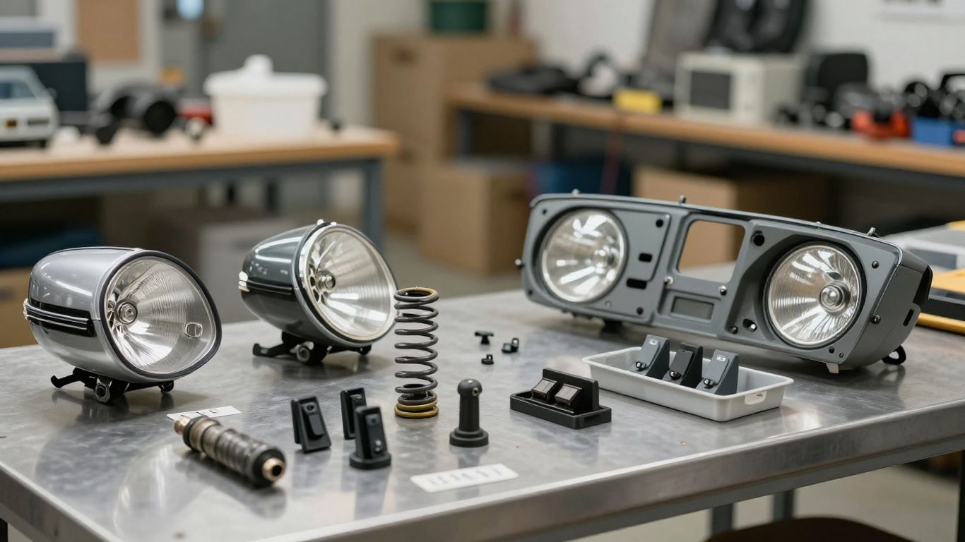 Genuine Volkswagen parts arranged in workshop