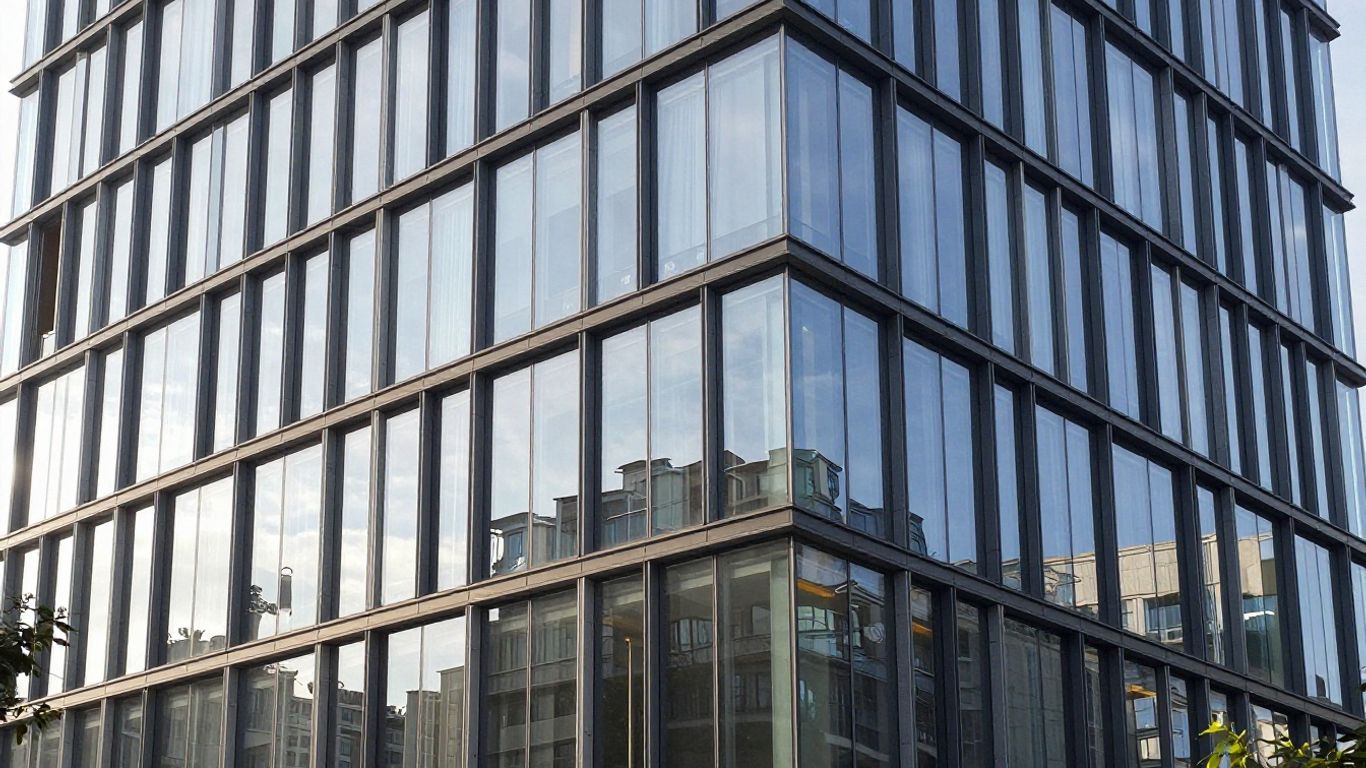 Modern building with low rise curtain walling and glass panels.