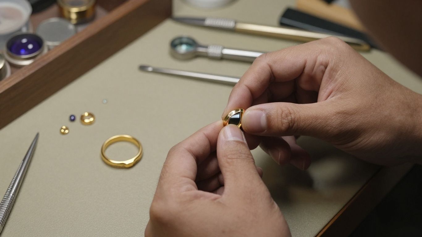 Jewellery designer examining a ring under studio light