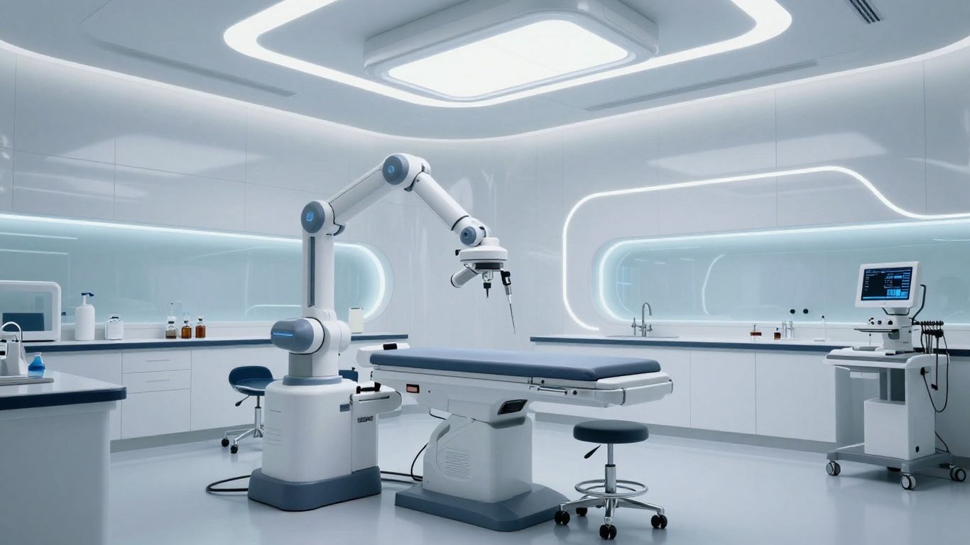 Automated aesthetic clinic operations with robotic arms and glowing panels.