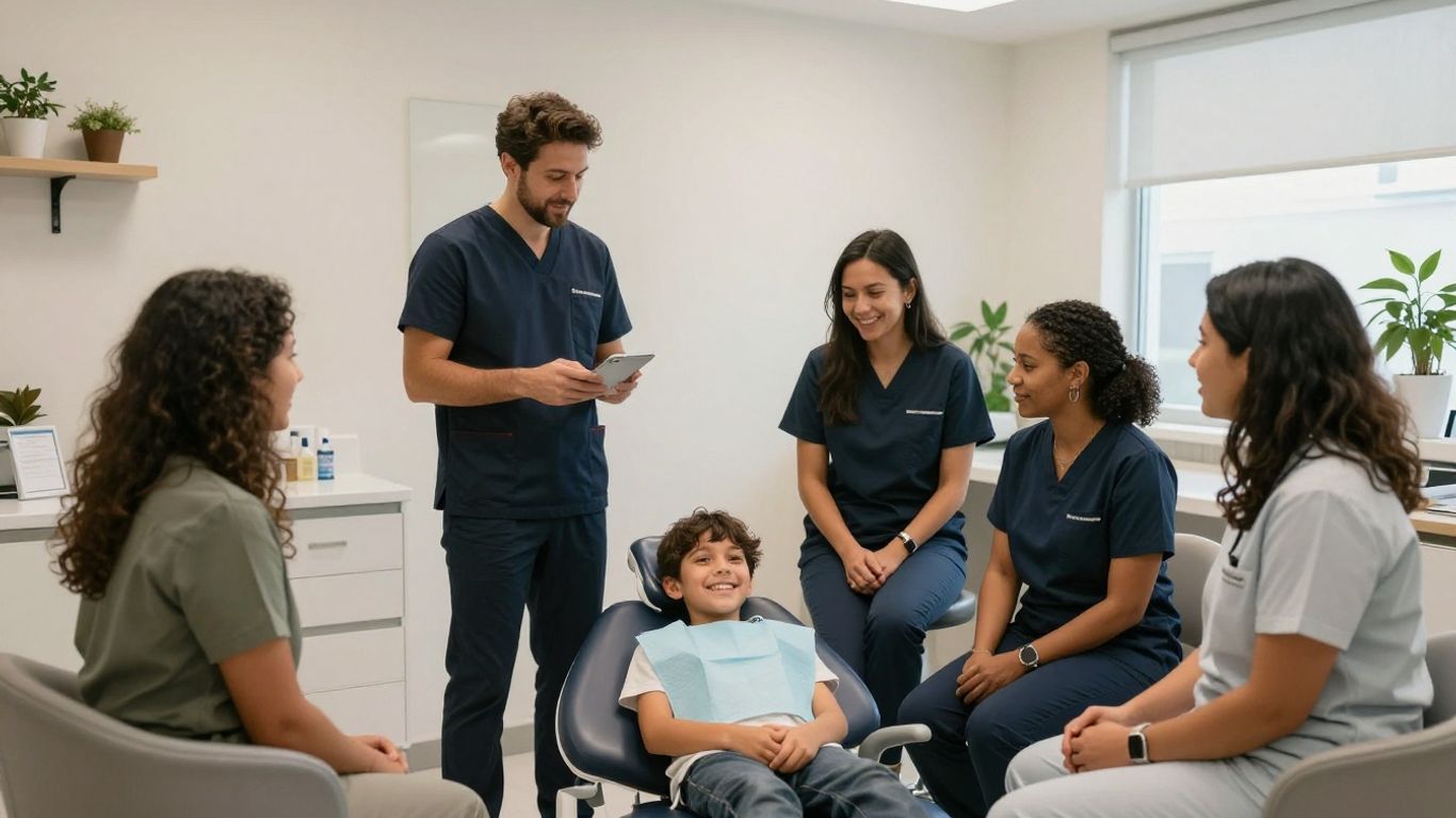 Dental team speaking with patients at reception