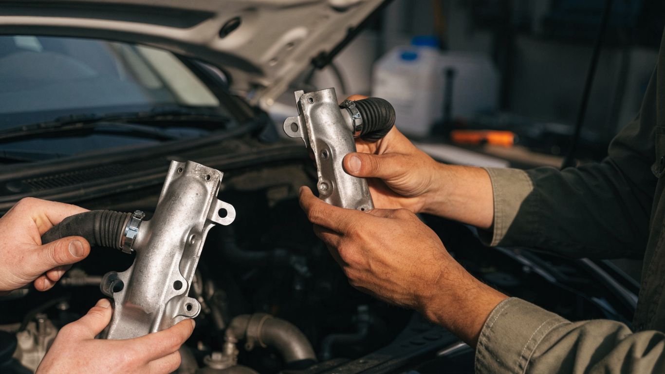 Mechanic comparing engine parts beside an open hood