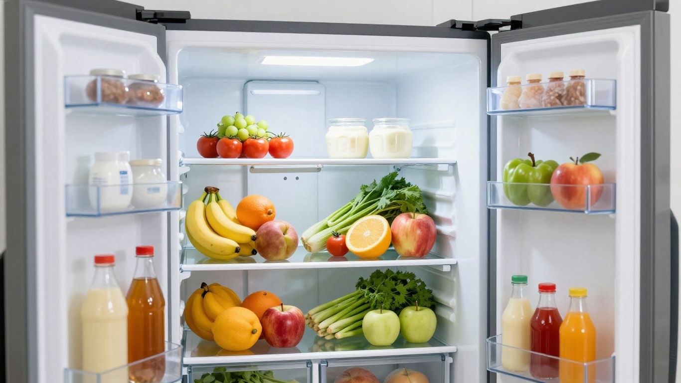 Réfrigérateur et congélateur ouverts remplis d'aliments frais.