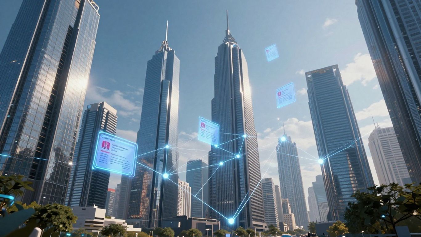 Blockchain connecting real estate and digital assets in a cityscape.