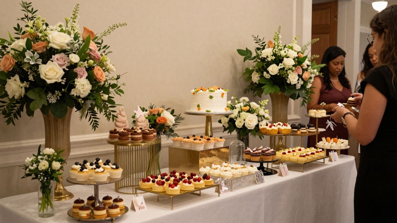 Elegant baby shower venue in Dallas with floral decor and dessert table.