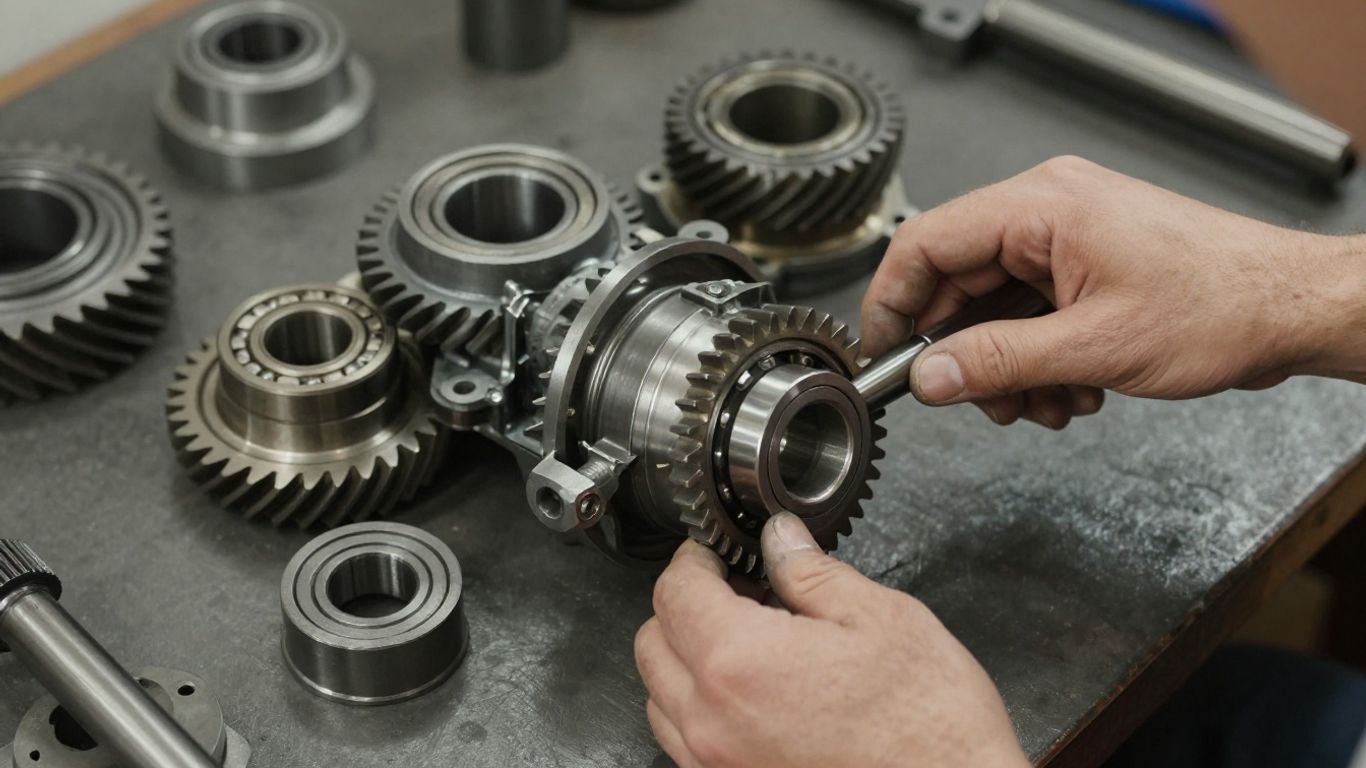 Technician examining gearbox components