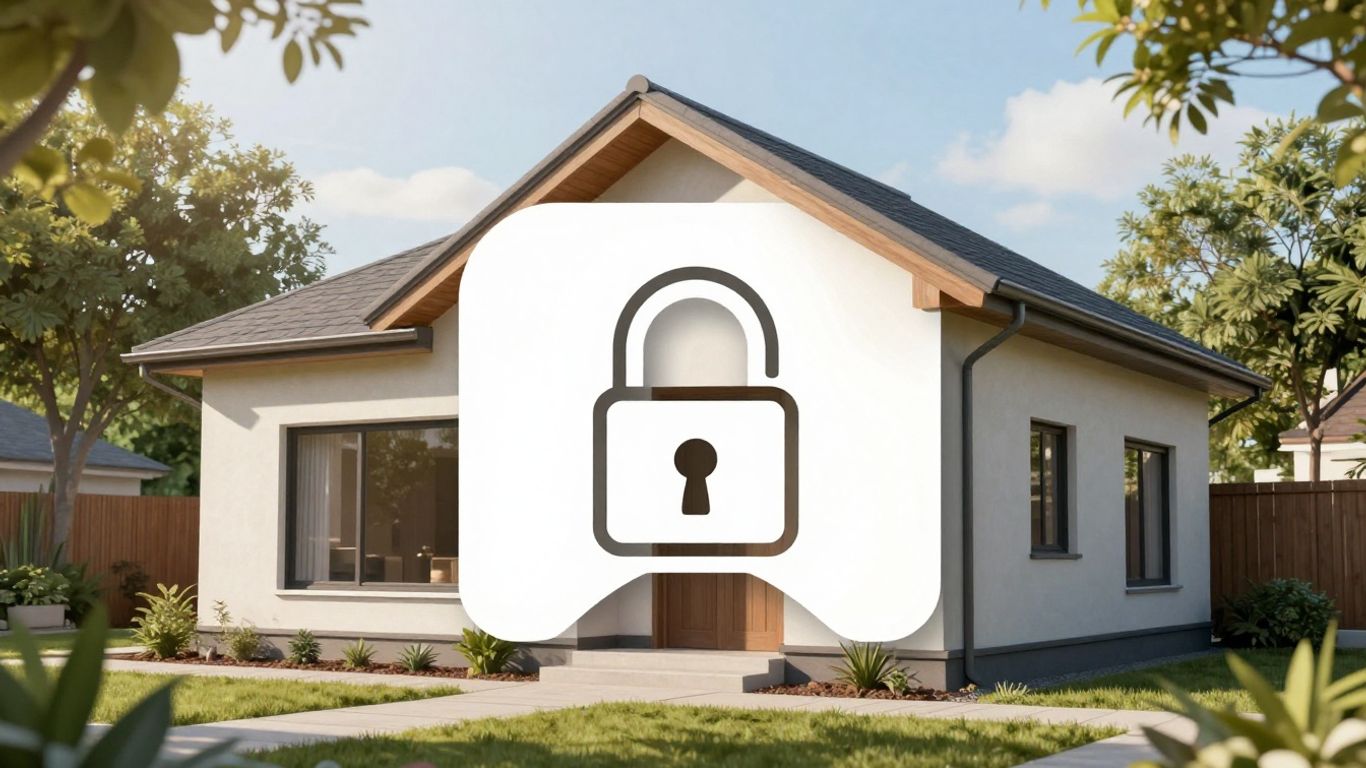 Casa segura con icono de candado y sol brillante.