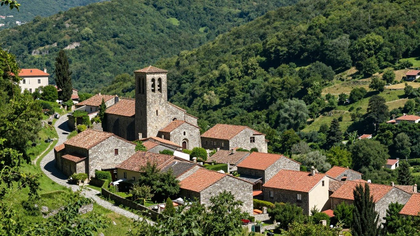 Medieval village in a green valley, Périgord Noir, France.