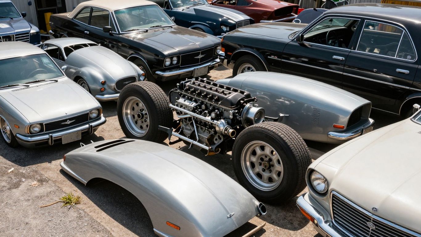 Chrysler car parts in a salvage yard