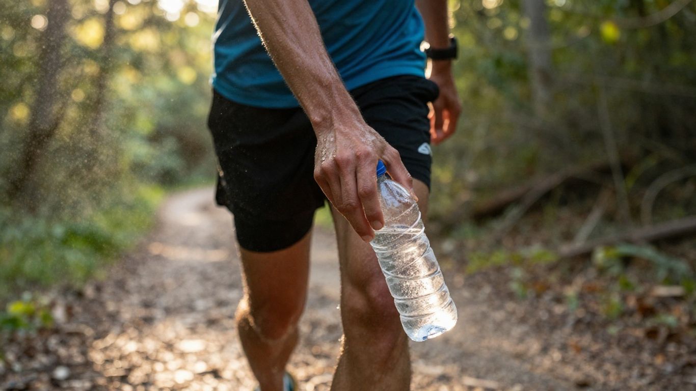 Runner drinking water during an outdoor run.