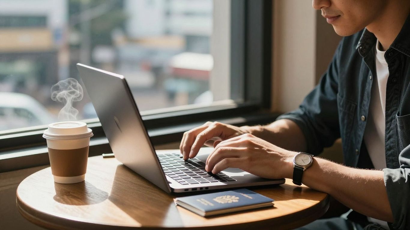 Digital nomad working on a laptop in a Seoul cafe.