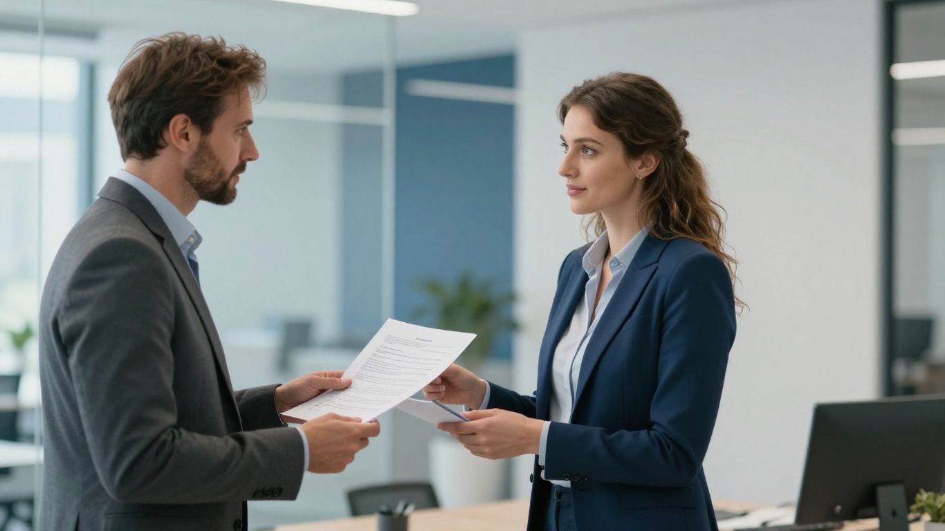 Zwei Personen im Büro, die sich Dokumente reichen.