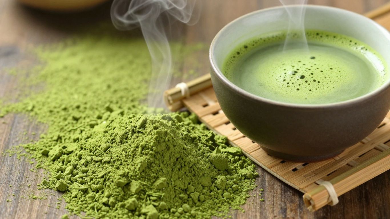 Bowl of frothy green matcha with bamboo scoop