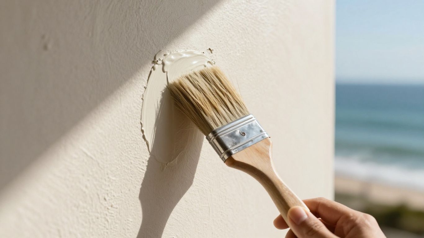 Coastal home stucco being painted with a brush.