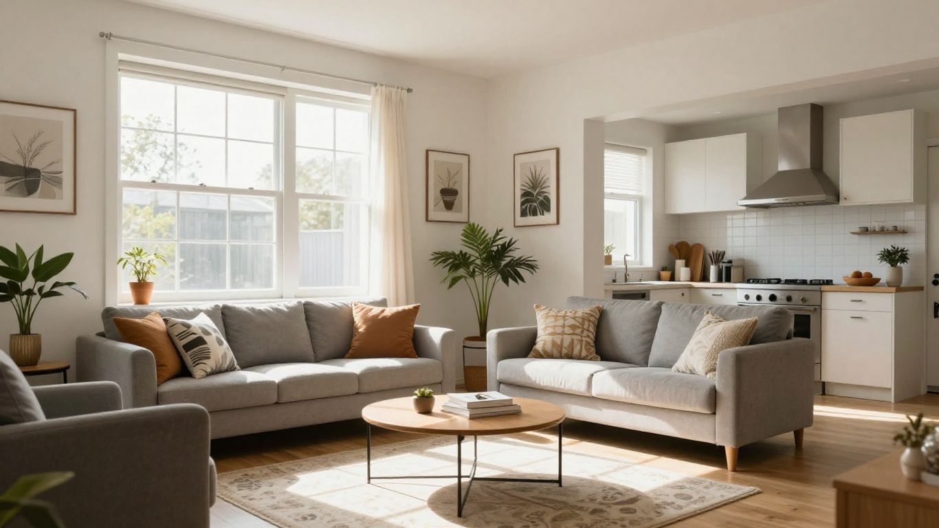 Cozy, modern Airbnb interior with sunlight.