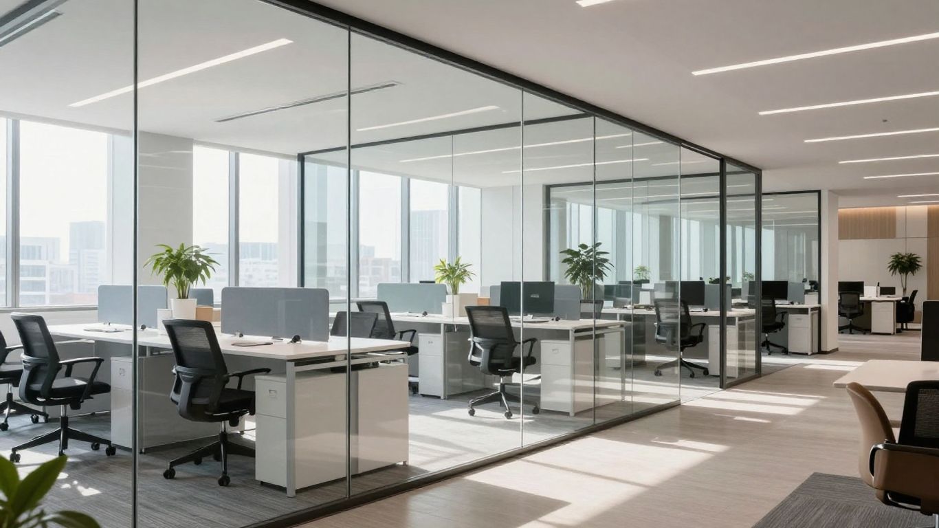 Modern office with glass partitions and natural light.