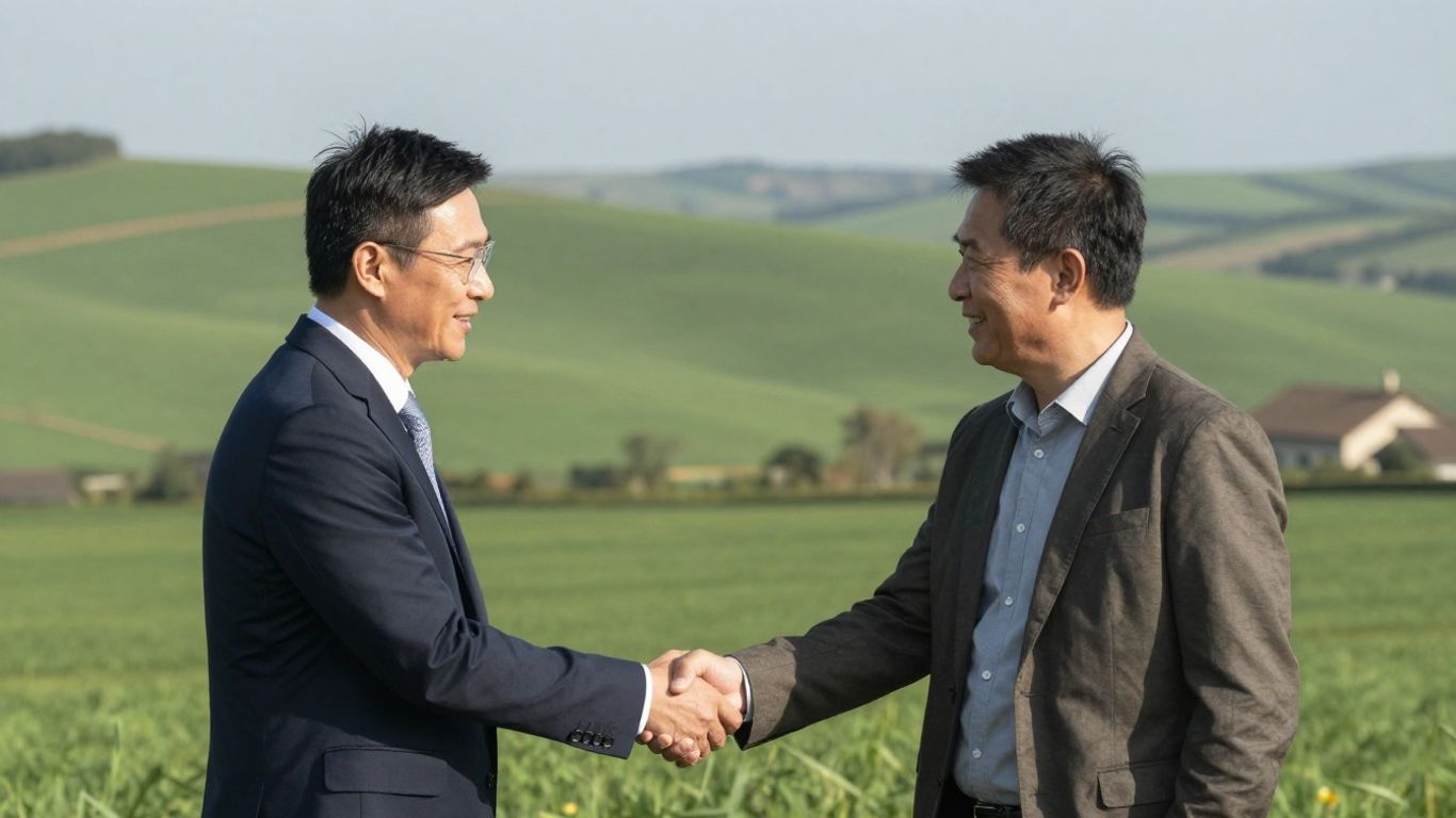 Handshake between land agent and client with fields behind.