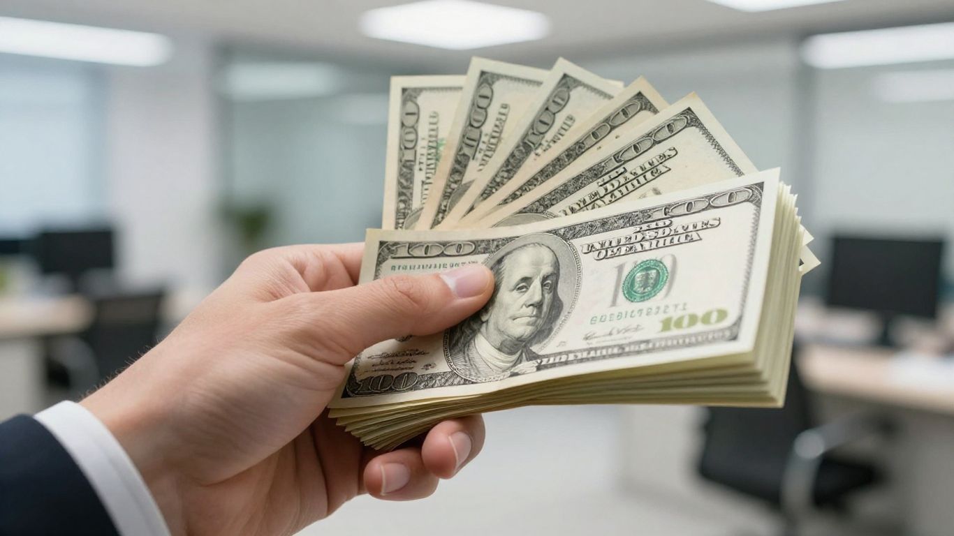 Hand holding money with office building background.