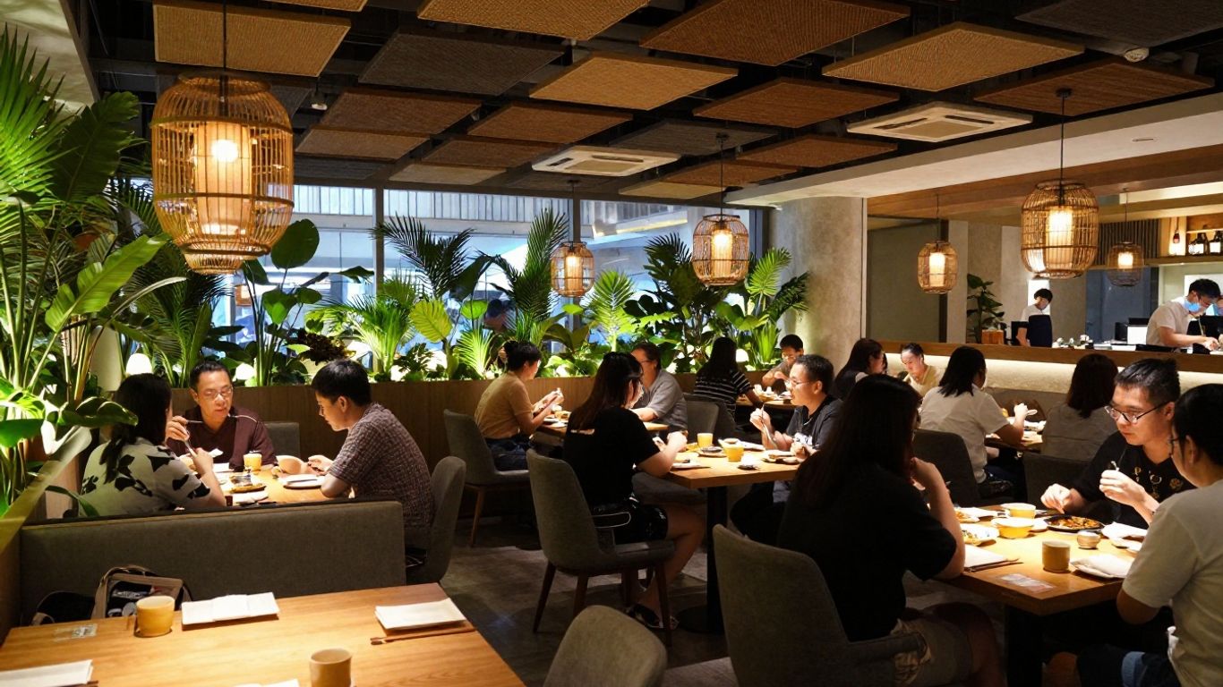 Bangkok restaurant interior with crowd and acoustic panels