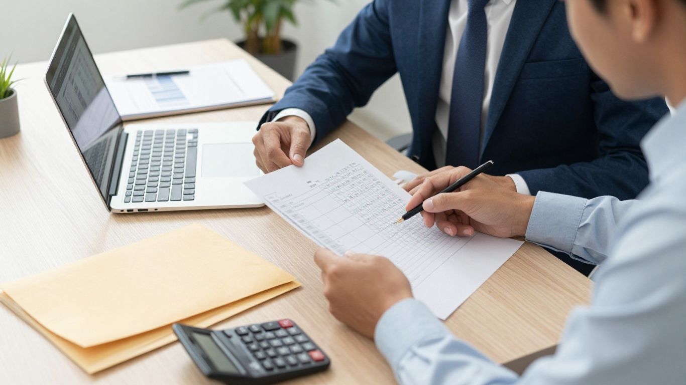 Accountant reviewing invoices and client handover files