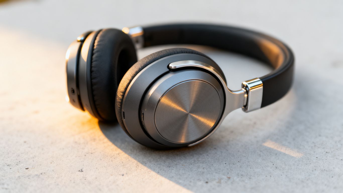 Pair of headphones on a neutral surface.