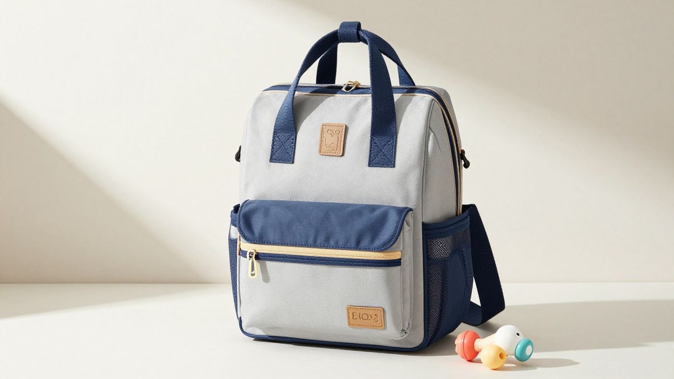 Modern diaper bag filled with baby items.