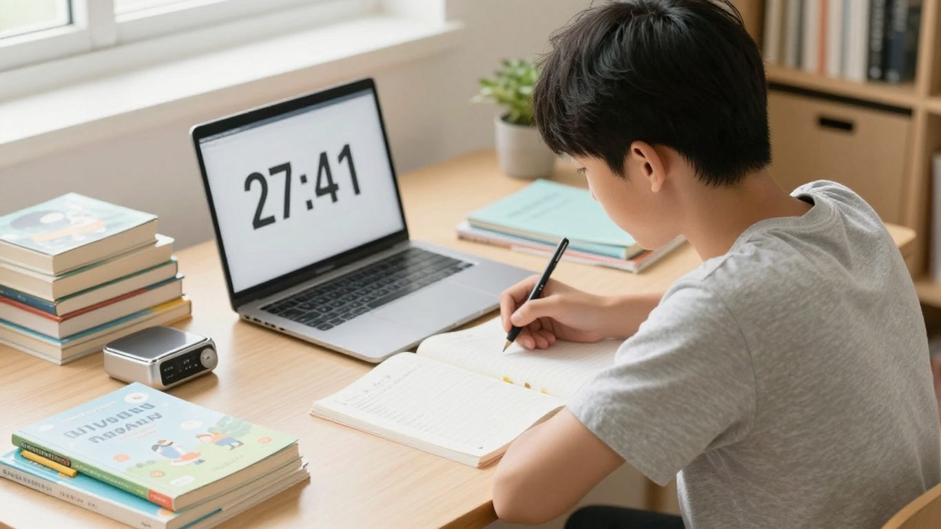 Student studying with a Pomodoro timer.