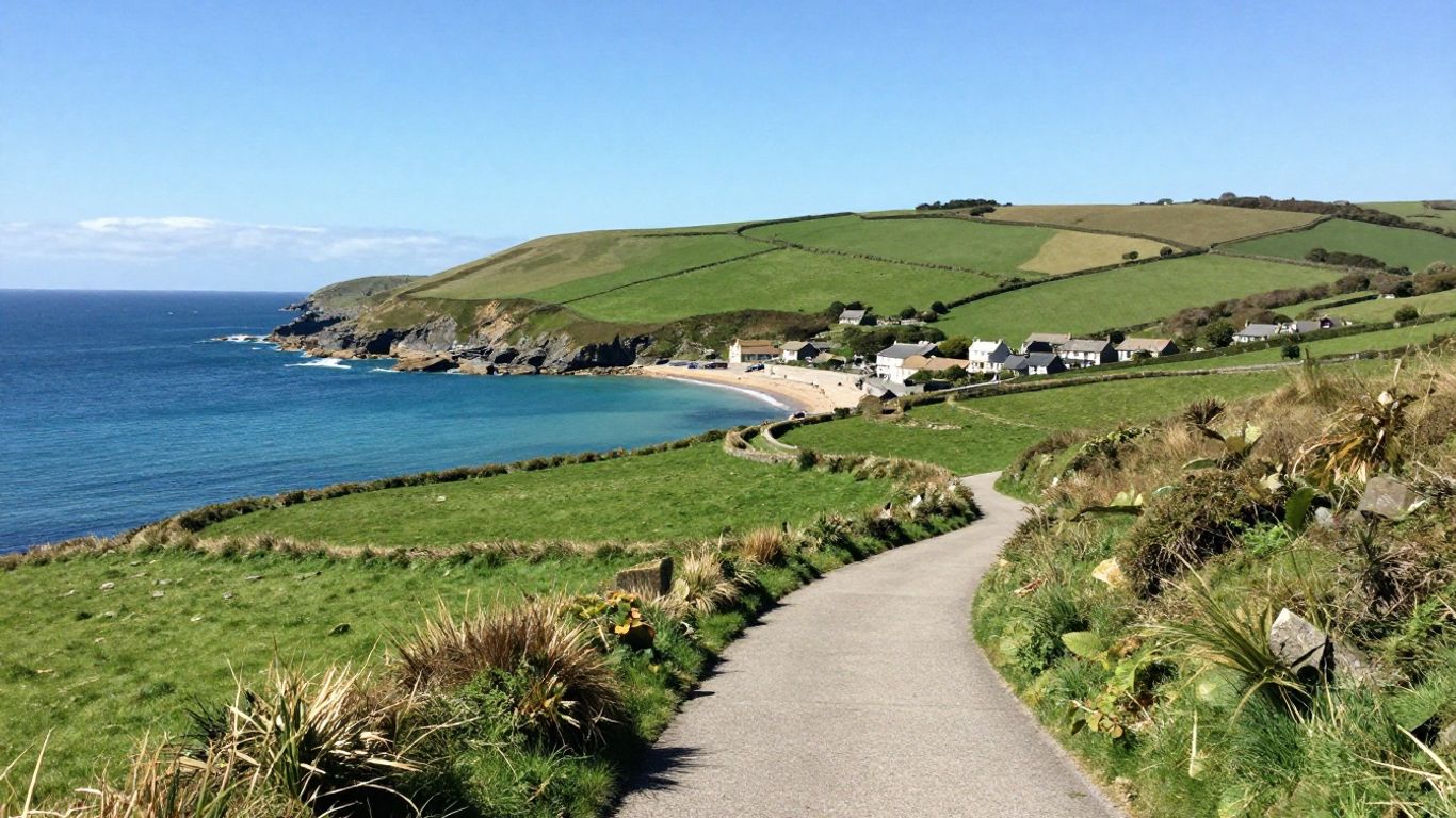 Cornish coastline with a path leading to a village.