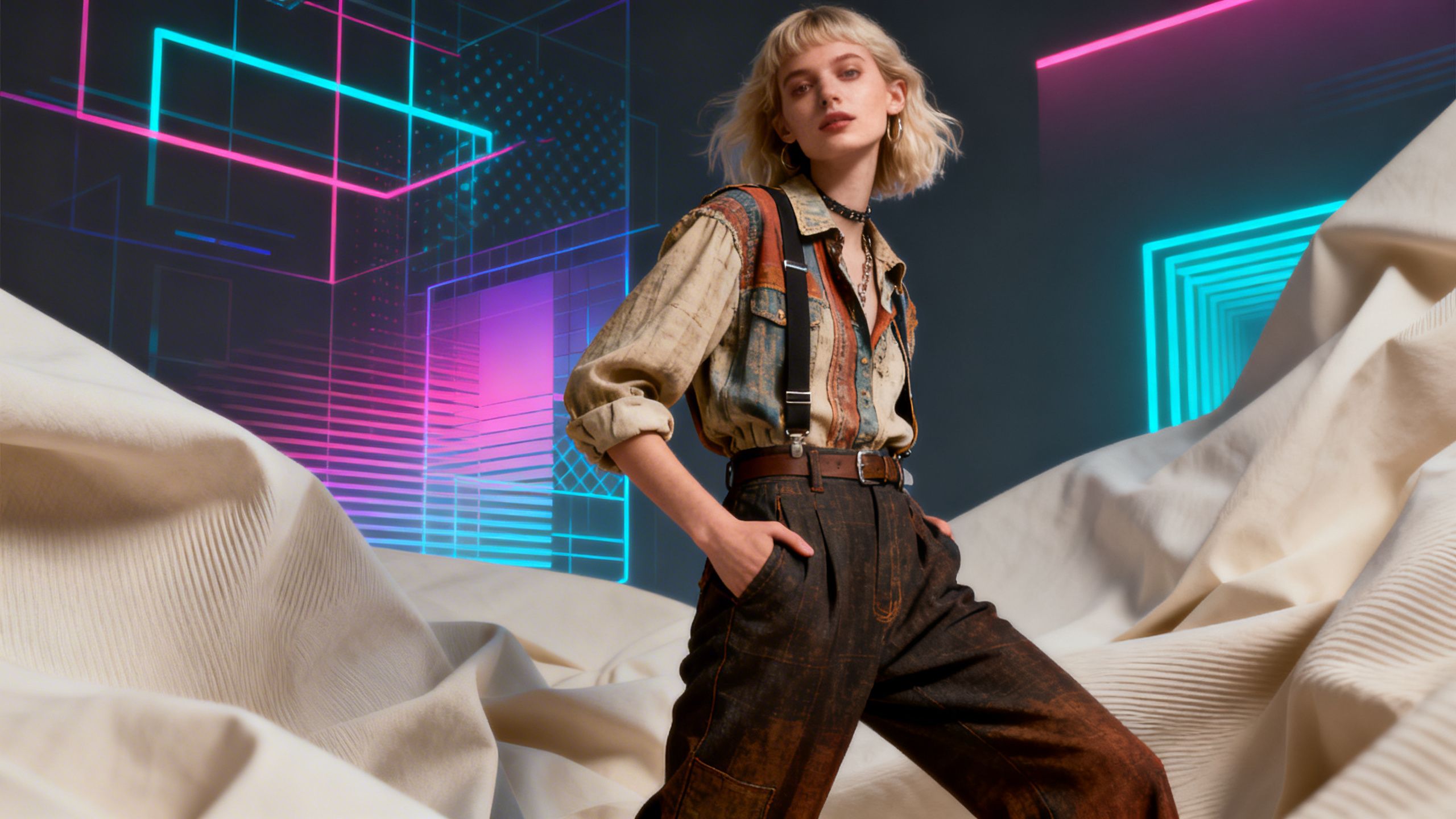 Fashionable woman, split between AI and CGI aesthetics.