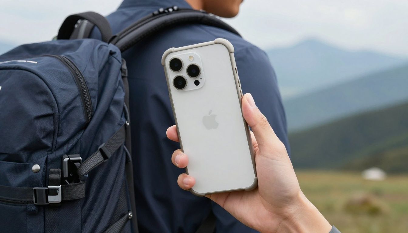 A person backpacking in the Blue Mountains, holding an iPhone 15 in a sturdy case to take a photo of the landscape.