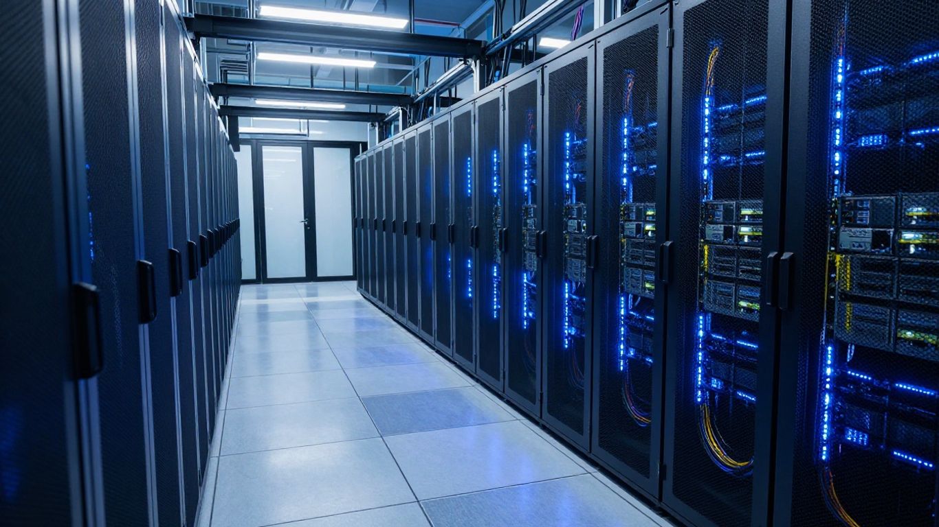 Centre de données moderne avec serveurs et lumière bleue ambiante