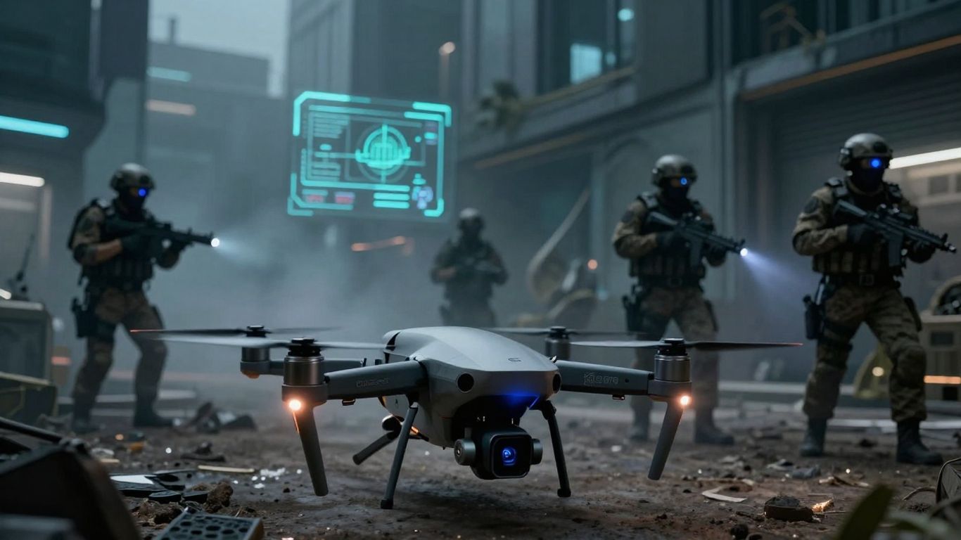 Modern military drone and soldiers in advanced gear.