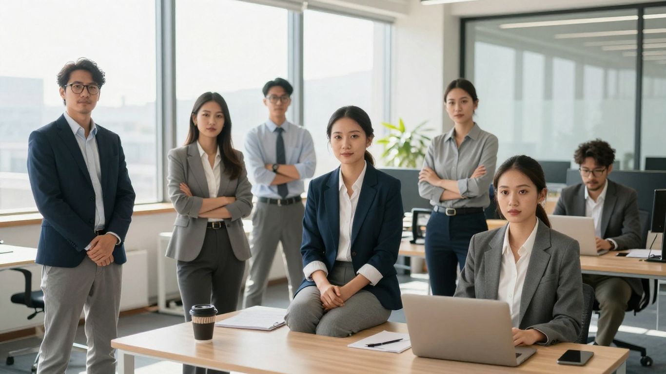Personas en oficina, ambiente de negocios estable.