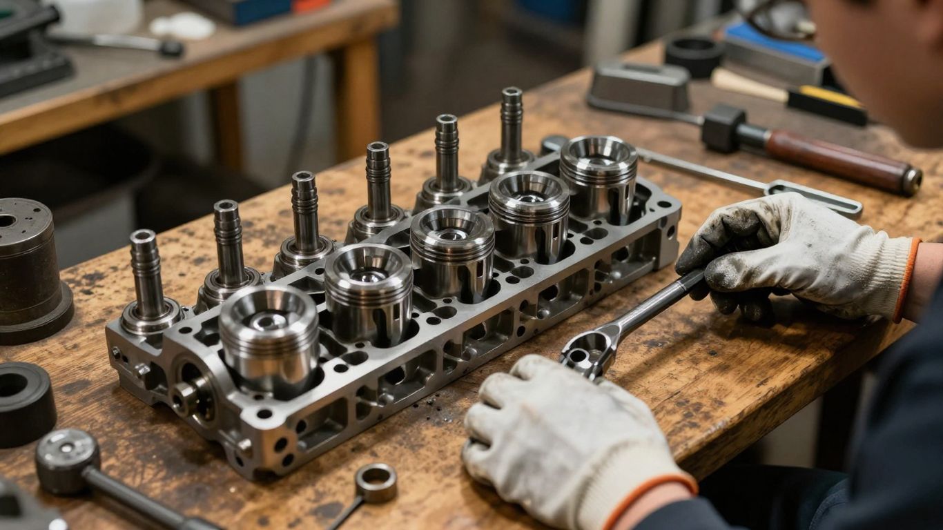 Engine block and measured components arranged on a workshop bench